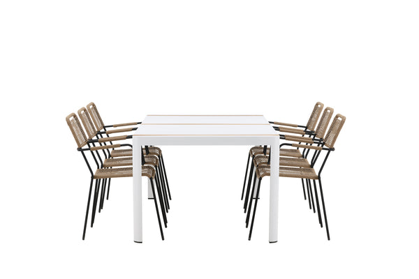 Dining group TOGO &amp; LINDOS Dining table 200x100 White + Dining chairs 6 Brown