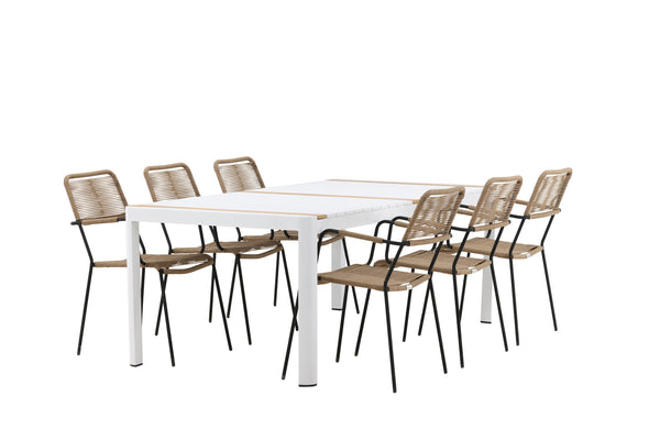 Dining group TOGO &amp; LINDOS Dining table 200x100 White + Dining chairs 6 Brown