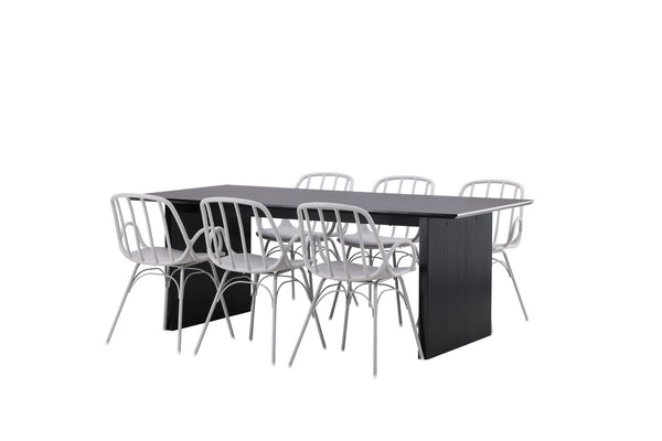 Dining group DYROEN &amp; VAIL 6 dining chairs Light gray &amp; Dining table 100x200-Black