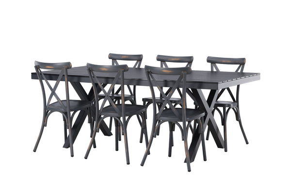 Dining group GARCIA &amp; TABLAS Dining table 200x100x74 Black + 6 dining chairs Dark gray