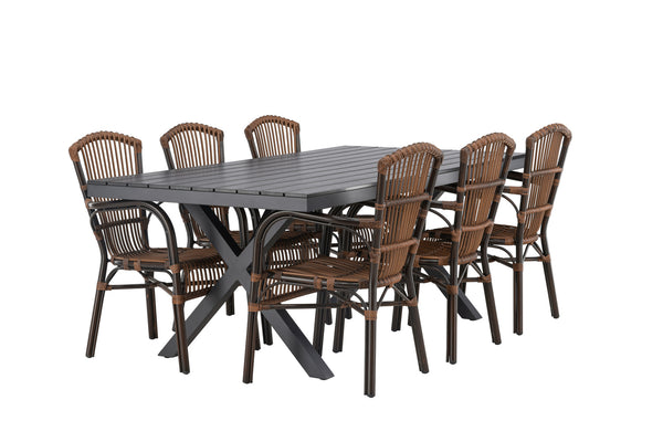 Dining group GARCIA &amp; GALERA Dining table 200x100x74 Black + 6 dining chairs Brown