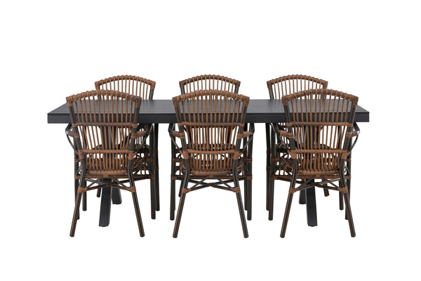 Dining group GARCIA &amp; GALERA Dining table 200x100x74 Black + 6 dining chairs Brown