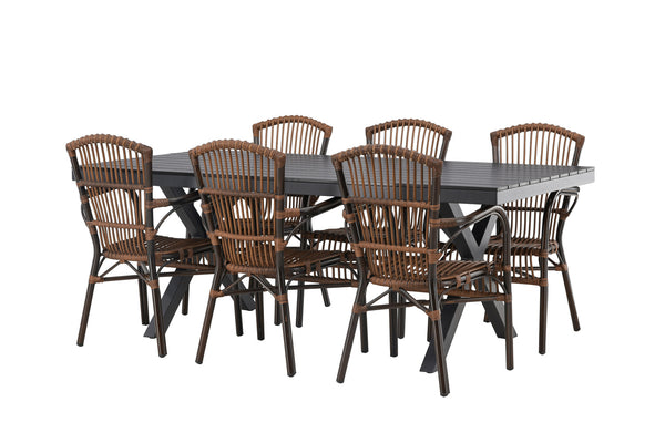 Dining group GARCIA &amp; GALERA Dining table 200x100x74 Black + 6 dining chairs Brown