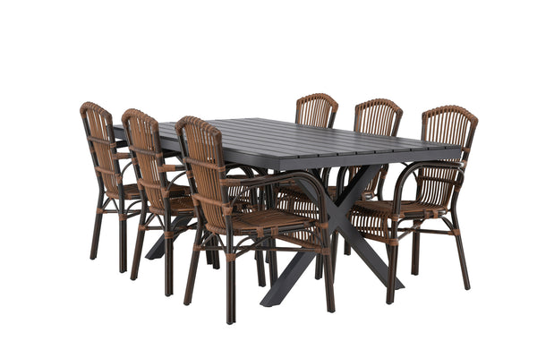 Dining group GARCIA &amp; GALERA Dining table 200x100x74 Black + 6 dining chairs Brown