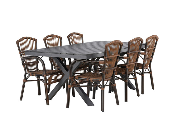 Dining group GARCIA &amp; GALERA Dining table 200x100x74 Black + 6 dining chairs Brown