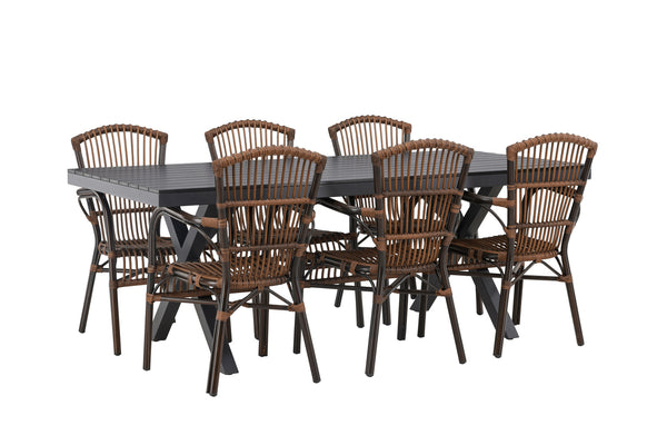 Dining group GARCIA &amp; GALERA Dining table 200x100x74 Black + 6 dining chairs Brown