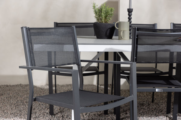 Dining group COPACABANA &amp; GARCIA Dining chairs 6 pcs Black + Dining table 200x100x74 Gray