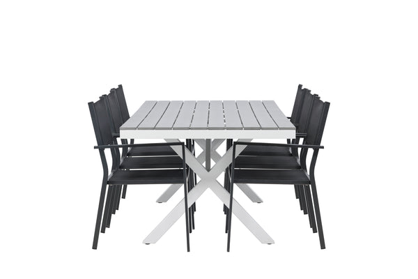 Dining group COPACABANA &amp; GARCIA Dining chairs 6 pcs Black + Dining table 200x100x74 Gray