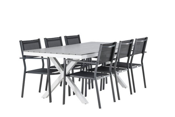 Dining group COPACABANA &amp; GARCIA Dining chairs 6 pcs Black + Dining table 200x100x74 Gray